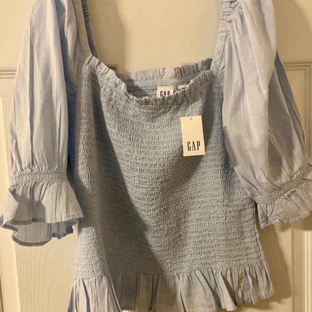 GAP Sky Blue Smocked Puff Sleeve Ruffle Hem Top